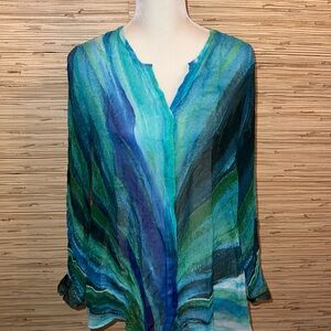 Casual studio size small blue and green sheer button down long sleeve top. EUC